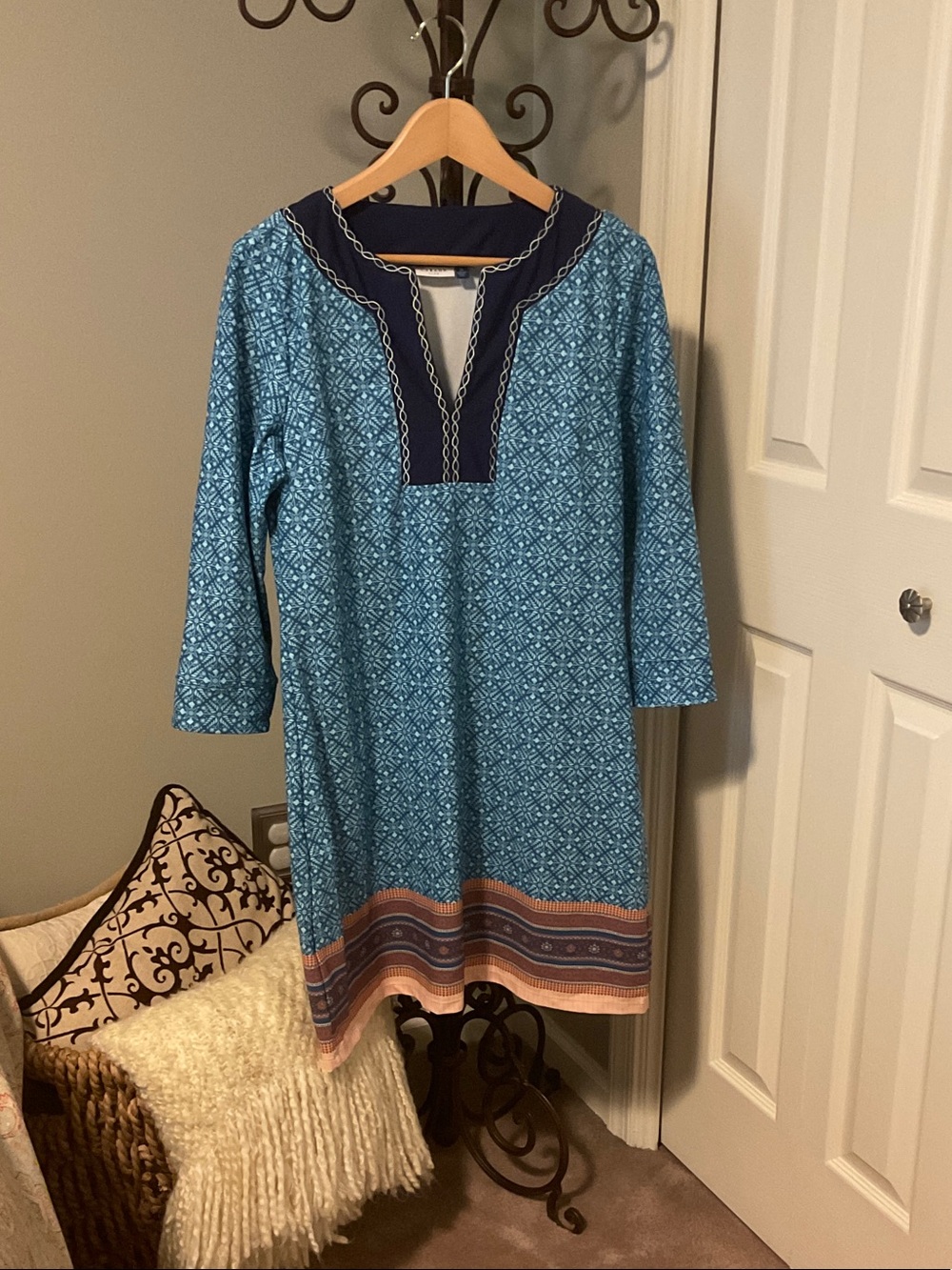 Cabana Life Blue Patterned V-Neck Embroidered Tunic Dress